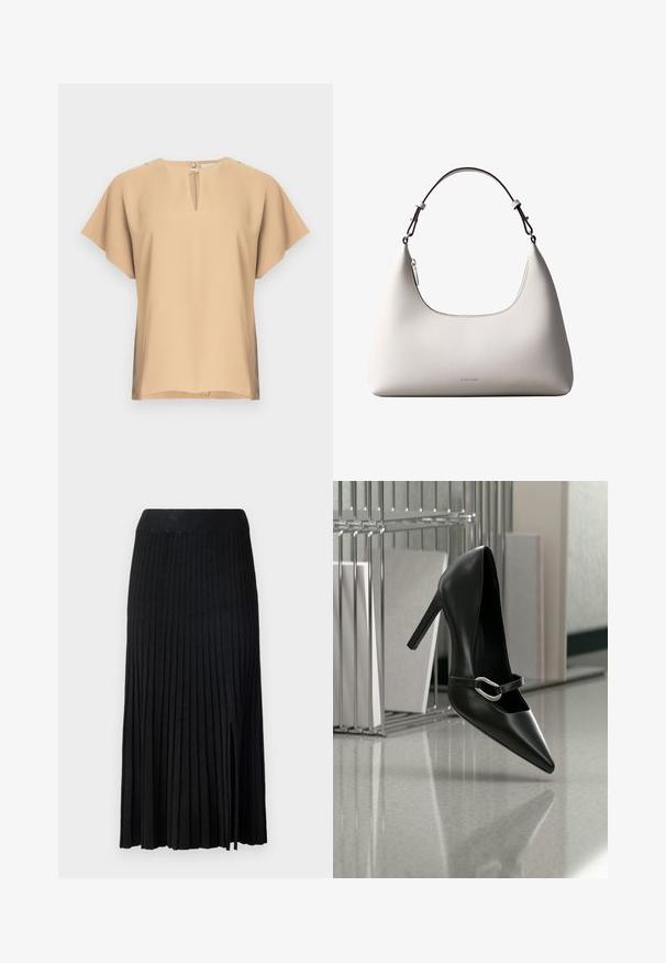Blouse beige avec un col en forme de goutte et des manches courtes et larges. Tissu lisse avec une coupe décontractée et un ourlet droit. Design minimaliste.; Jupe midi plissée noire avec ceinture côtelée, présentant un tissu texturé, une fente latérale et des lignes verticales sur l'ensemble du design.; Chaussure à talon haut noire pointue avec une bride à boucle argentée, placée sur une surface réfléchissante près d’un organiseur métallique contenant des papiers.; Sac à bandoulière en cuir couleur crème de Calvin Klein avec bord supérieur incurvé, fermeture éclair argentée et sangle ajustable brun foncé.