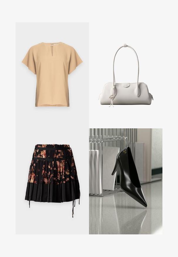 Beige blouse met een keyhole-halslijn en korte, brede mouwen. Glad stof met een ontspannen pasvorm en rechte zoom. Minimalistisch ontwerp.; Zwarte geplooide rok met een bloemenpatroon in tinten van roze en oranje, voorzien van een brede tailleband en verstelbare koordjes aan de zoom.; Zwart hooggehakt schoen met puntige neus en gouden logo, geplaatst op een reflecterend oppervlak naast een verchroomde draadordner met documenten.; Witte Calvin Klein schoudertas met lange hengsels, rechthoekige vorm, ritssluiting en decoratieve logohanger bij het hengsel.