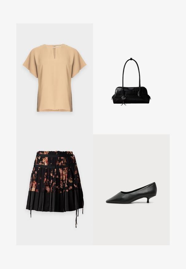 Blouse beige avec un col en forme de goutte et des manches courtes et larges. Tissu lisse avec une coupe décontractée et un ourlet droit. Design minimaliste.; Jupe plissée noire avec un motif floral dans des tons de rose et d'orange, dotée d'une large taille et de cordons de serrage ajustables à l'ourlet.; Escarpin femme en cuir noir à petit talon, bout pointu et petit talon kitten sur fond clair uni.; Sac à épaule en cuir noir à texture crocodile, avec de longues sangles et un petit charm logo argenté sur une sangle.