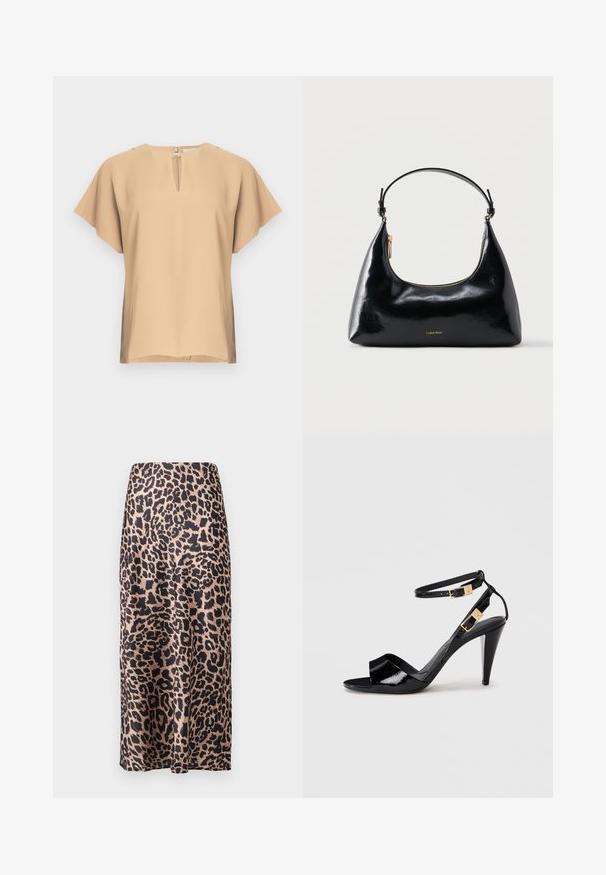 Beige bluse med nøglehul-halsudskæring og korte, brede ærmer. Glat stof med afslappet pasform og lige kant. Minimalistisk design.; Leopardprint satin nederdel med høj talje, knælang silhuet, blank tekstur og en flydende design.; Sorte patentlæder højhælede sandaler med dobbelte ankelremme og guldspænder, åben tå og slank taperet hæl på neutral baggrund.; Sort blank Calvin Klein håndtaske med gyldent lynlås og kort rem mod en ensfarvet hvid baggrund.