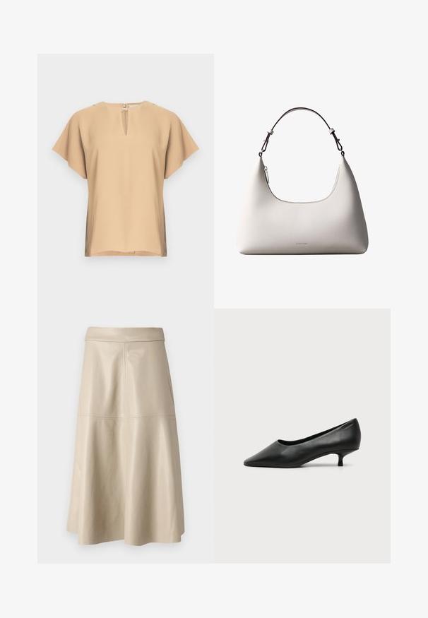 Beige blouse met een keyhole-halslijn en korte, brede mouwen. Glad stof met een ontspannen pasvorm en rechte zoom. Minimalistisch ontwerp.; Beige high-waist A-lijn leren rok met zichtbare naden over het midden en vlak bij de tailleband.; Zwarte leren damesschoen met lage hak, puntige neus en kleine kittenhak op een effen lichte achtergrond.; Romige Calvin Klein leren schoudertas met gebogen bovenrand, zilveren rits en donkerbruine verstelbare riem.