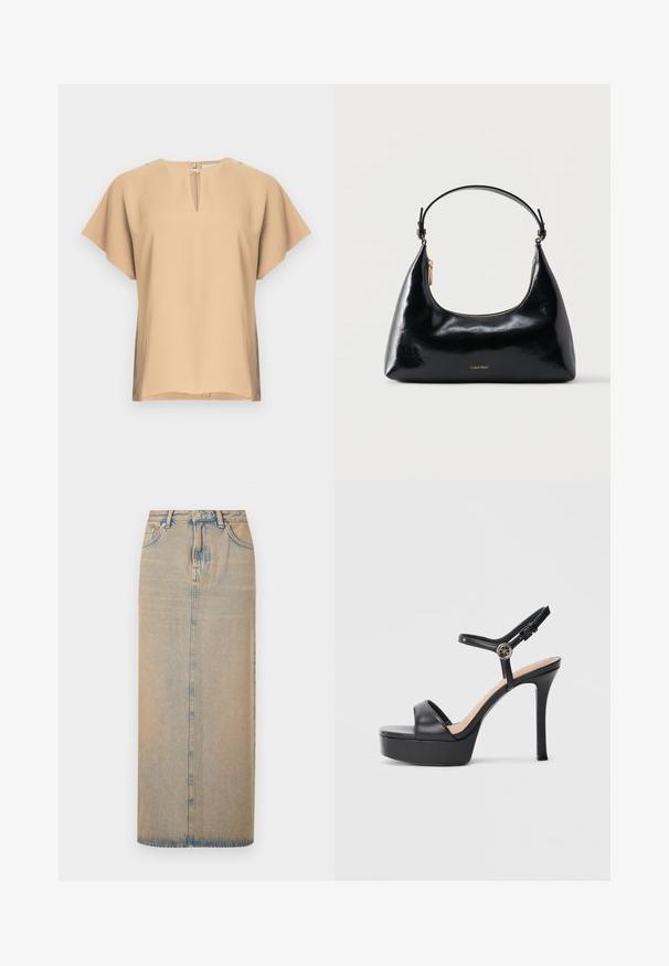 Blouse beige avec un col en forme de goutte et des manches courtes et larges. Tissu lisse avec une coupe décontractée et un ourlet droit. Design minimaliste.; Une longue jupe en denim bleu clair avec une coupe droite. Comprend cinq poches, des passants de ceinture et un multiplicateur de boutons à l'avant. Texture décolorée sur toute la surface.; Sandales à plateforme noires avec un talon haut stilettos, dotées d'une tige en cuir lisse, d'un bout ouvert et d'une bride de cheville ajustable avec ferrures.; Sac à main Calvin Klein noir brillant avec fermeture éclair dorée et anse courte sur fond blanc uni.