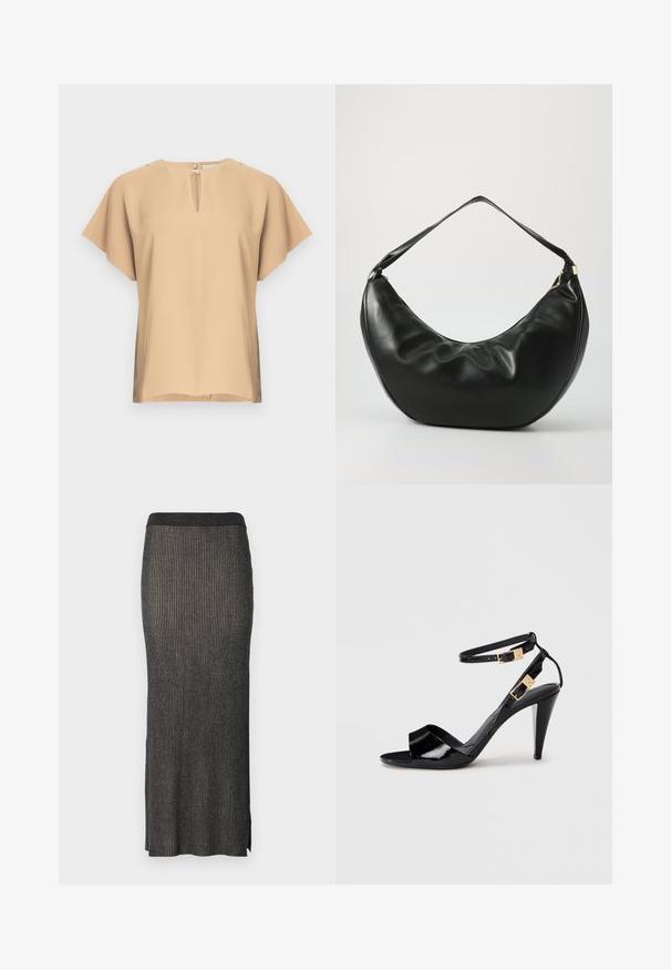 Beige pusero, jossa on avainreikäkaula-aukko ja lyhyet, leveät hihat. Sileä kangas, rento istuvuus ja suora helma. Minimalistinen design.; Ruudukko midi-hame tummanharmaana, jossa on pystysuorapinta, tiivistetty siluetti ja halkiot helmoissa liikkumisen helpottamiseksi. Pehmeä, teksturoitu kangas.; Mustat kiiltävät nahkakengät korkokengät, joissa on kaksoispohja ja kultaiset soljet, avonaiset varpaat ja kapea, kapeneva korko neutraalilla taustalla.; Musta nahkainen olkalaukku, jossa on kaareva muoto, pehmeä rakenne ja yksi olkahihna; varustettu kultaisella vetoketjulla ja hienovaraisella brändäyksellä.