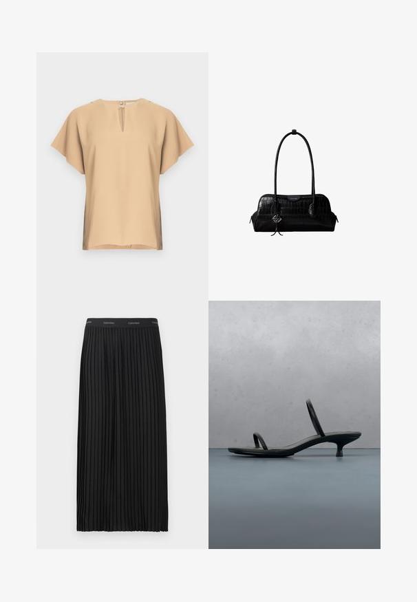 Beige blouse met een keyhole-halslijn en korte, brede mouwen. Glad stof met een ontspannen pasvorm en rechte zoom. Minimalistisch ontwerp.; Zwarte geplooide midi-skirt met een elastische tailleband en herhalend Calvin Klein-logo in het wit.; Zwarte Calvin Klein sandaal met hoge hak en dunne bandjes, in balans op houten tegels buiten, vlakbij een muur en groen.; Zwarte schoudertas van leer met krokodillenstructuur, lange banden en een klein zilveren logohanger aan één band.