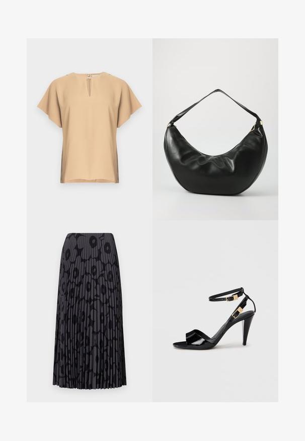 Beige blouse with a keyhole neckline and short, wide sleeves. Smooth fabric with a relaxed fit and straight hem. Minimalist design.; Black pleated skirt with a floral pattern, made from lightweight fabric; features vertical stripes and an elastic waistband.; Black patent leather high-heeled sandal with double ankle straps and gold buckles, open toe, and slim tapered heel on neutral background.; Black leather shoulder bag with a curved shape, soft texture, and a single strap; features a gold zipper and subtle branding.