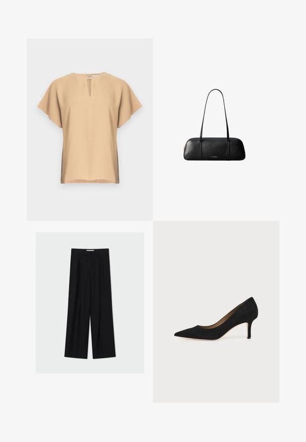 Blouse beige avec un col en forme de goutte et des manches courtes et larges. Tissu lisse avec une coupe décontractée et un ourlet droit. Design minimaliste.; Pantalon noir taille haute à jambes larges avec passants de ceinture et plis devant, présenté sur un fond gris clair.; Escarpin en daim noir à bout pointu avec un talon stiletto fin de hauteur moyenne et un design à coupe basse sur un fond uni.; Sac à main rectangulaire en cuir noir avec de longues lanières fines et un logo doré "Calvin Klein" au centre avant.