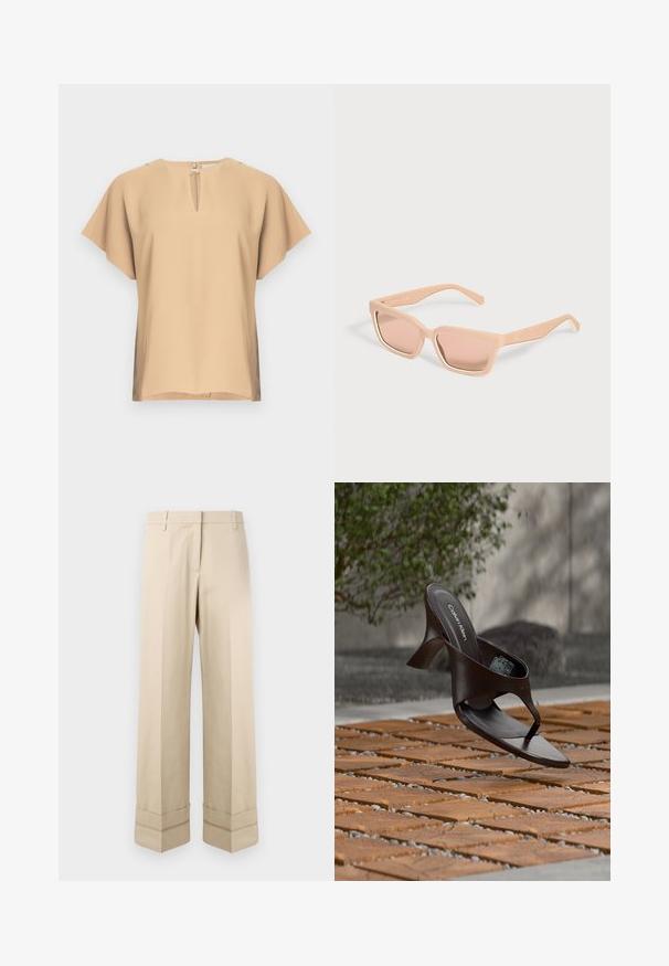 Beige bluse med nøglehul-halsudskæring og korte, brede ærmer. Glat stof med afslappet pasform og lige kant. Minimalistisk design.; Beige bukser med lige pasform, der har en dobbelt manchet i kanten og en flad frontdesign. Lavet af glat, slidstærkt stof.; Brun Calvin Klein hælet thong sandal svævende over træflise og grus udendørs med sløret grønt og stenmur i baggrunden.; Rektangulære lyse ferskenfarvede solbriller med tykke stel og matchende tonede linser på en ensfarvet lys baggrund.