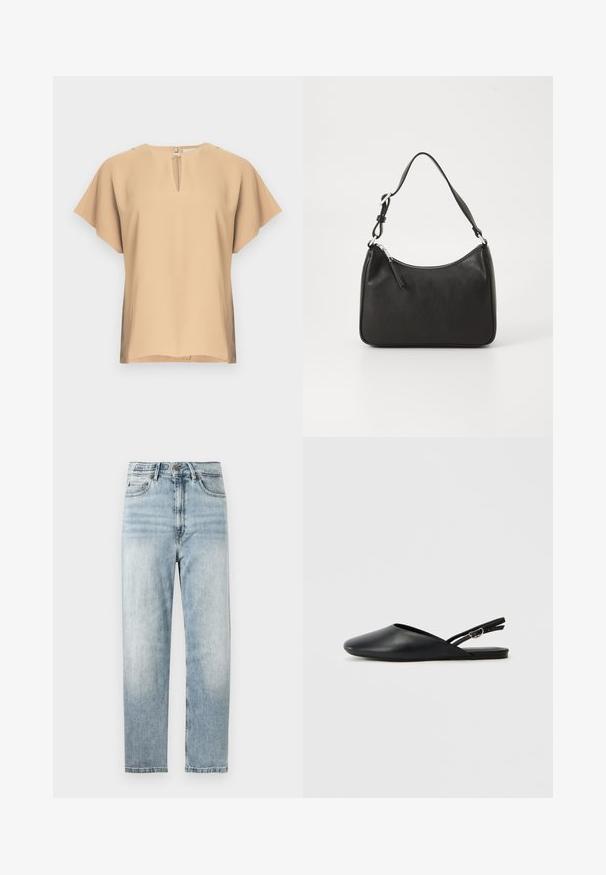 Beige pusero, jossa on avainreikäkaula-aukko ja lyhyet, leveät hihat. Sileä kangas, rento istuvuus ja suora helma. Minimalistinen design.; Vaaleansiniset farkut suoran lahkeen leikkauksella, joissa on nappi- ja vetoketjukiinnitys, viisi-taskuinen muotoilu ja hillitty kuluminen.; Musta nahkainen slingback-kenkä, jossa on terävä kärki, kaareva muotoilu ja säädettävä solki. Sileä pinta, litteä pohja, minimaalinen koristelu.; Mustat nahkakäsilaukku, jossa on kaareva muoto, yksi hihna, vetoketjukiinnitys ja hienovarainen brändäys etuosassa. Sujuva pinta, minimalistinen muotoilu.