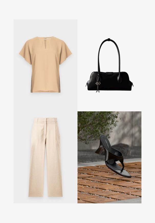 Beige Bluse mit einem Schlüsselloch-Ausschnitt und kurzen, weiten Ärmeln. Glatter Stoff mit lockerem Schnitt und geradem Saum. Minimalistisches Design.; Beige Hose aus glattem Stoff. Mit geradem Schnitt, flachem Bund und zwei Falten. Keine sichtbaren Muster oder Beschläge.; Schwarze Calvin Klein Riemchensandale mit Absatz, schwebend über einer gefliesten Außenfläche mit Grünpflanzen und einer Betonwand im Hintergrund.; Schwarze Lederhandtasche von Calvin Klein mit langem Schulterriemen, seitlichen Reißverschlüssen und einem dekorativen Anhänger, der an einem Riemen hängt.