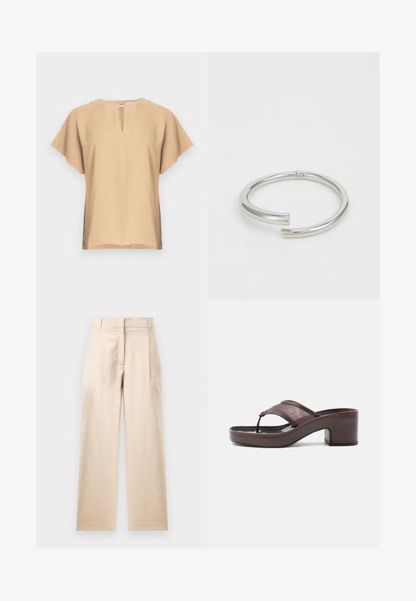 Beige Bluse mit einem Schlüsselloch-Ausschnitt und kurzen, weiten Ärmeln. Glatter Stoff mit lockerem Schnitt und geradem Saum. Minimalistisches Design.; Beige Hose aus glattem Stoff. Mit geradem Schnitt, flachem Bund und zwei Falten. Keine sichtbaren Muster oder Beschläge.; Braune Sandale mit Absatz, Netzriemen und Zehensteg, ausgestattet mit einem Blockabsatz und einer genähten Sohle, seitlich auf weißem Hintergrund abgebildet.; Calvin Klein SPIRAL - Armband - silver-coloured