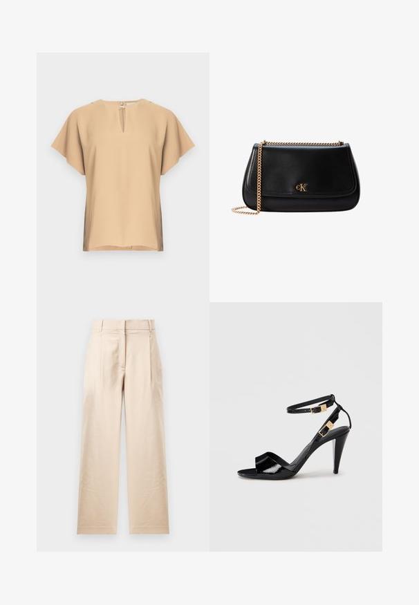 Beige bluse med nøglehul-halsudskæring og korte, brede ærmer. Glat stof med afslappet pasform og lige kant. Minimalistisk design.; Beige bukser lavet af glat stof. Har en lige pasform, flad front og to plisses. Ingen synlige mønstre eller metaldele.; Sorte patentlæder højhælede sandaler med dobbelte ankelremme og guldspænder, åben tå og slank taperet hæl på neutral baggrund.; Sort læder skuldertaske med guldkæde strop og lille gyldent CK-logo på frontklappen.