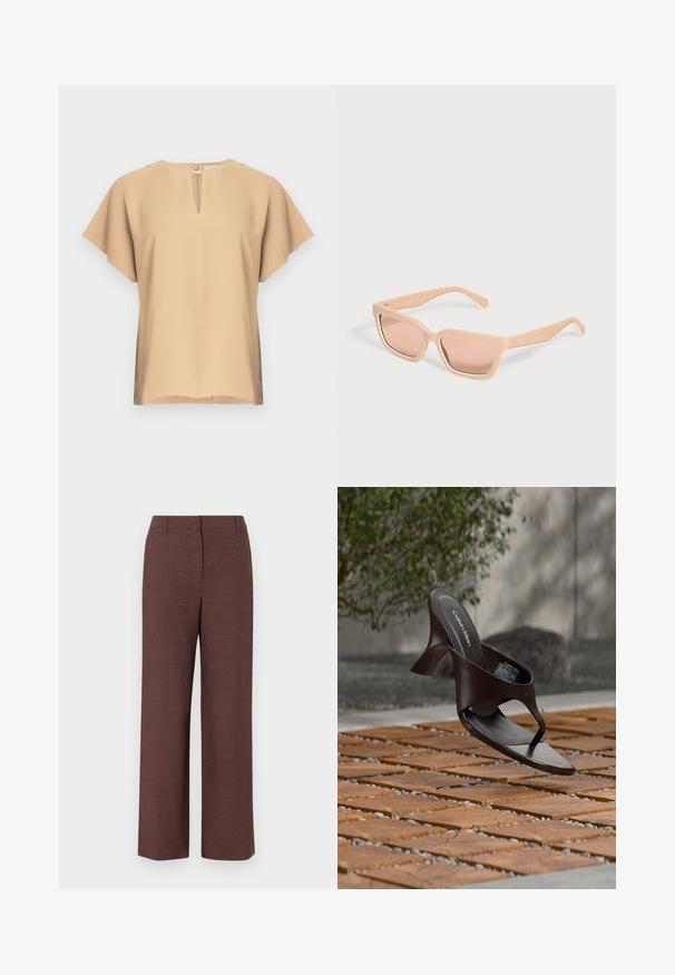 Beige bluse med nøglehul-halsudskæring og korte, brede ærmer. Glat stof med afslappet pasform og lige kant. Minimalistisk design.; Brune bredbensbukser lavet af tekstureret stof med en glat finish, med flad front, bæltesløjfer og sidelommer.; Brun Calvin Klein hælet thong sandal svævende over træflise og grus udendørs med sløret grønt og stenmur i baggrunden.; Rektangulære lyse ferskenfarvede solbriller med tykke stel og matchende tonede linser på en ensfarvet lys baggrund.