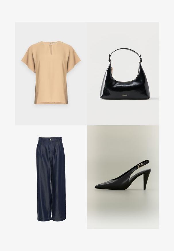 Beige blouse met een keyhole-halslijn en korte, brede mouwen. Glad stof met een ontspannen pasvorm en rechte zoom. Minimalistisch ontwerp.; Navyblauwe denim broeken met wijde pijpen en een hoge taille, met voorplooien en gouden stikselaccenten, een gladde textuur en een knoopsluiting.; Zwarte leren slingback pumps met een puntige neus, een gouden gesp en een taps toelopende hak tegen een neutrale achtergrond.; Zwarte glanzende Calvin Klein handtas met gouden rits en korte band tegen een effen witte achtergrond.