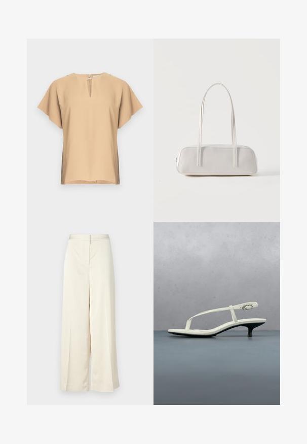 Blusa beige con escote en lágrima y mangas cortas y anchas. Tela lisa con un ajuste relajado y dobladillo recto. Diseño minimalista.; Pantalones de pierna ancha en crema, hechos de una tela suave. Presentan una cinturilla plana en la parte delantera, pliegues a lo largo de las piernas y un corte relajado en general.; Sandalia blanca de tacón kitten con tiras y punta afilada, flotando sobre un suelo de baldosas de madera al aire libre, con un fondo desenfocado de plantas y pared.; Bolso de hombro rectangular blanco con correas largas y delgadas, costuras mínimas y cierre de cremallera sobre un fondo liso.
