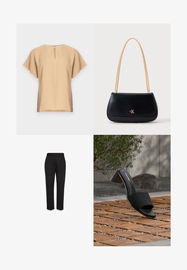 Beige bluse med nøglehul-halsudskæring og korte, brede ærmer. Glat stof med afslappet pasform og lige kant. Minimalistisk design.; Sorte skræddersyede bukser med bæltestropper, lige ben og pressede folder, vist mod en hvid baggrund.; Sort åben tå mule fra Calvin Klein med blokhæl på trægulv, udendørs omgivelser med sløret grønt og betonbaggrund.; Sort skuldertaske i læder med guldkæderem og lille guldfarvet cK-logo på frontklappen, sat mod en ensfarvet hvid baggrund.