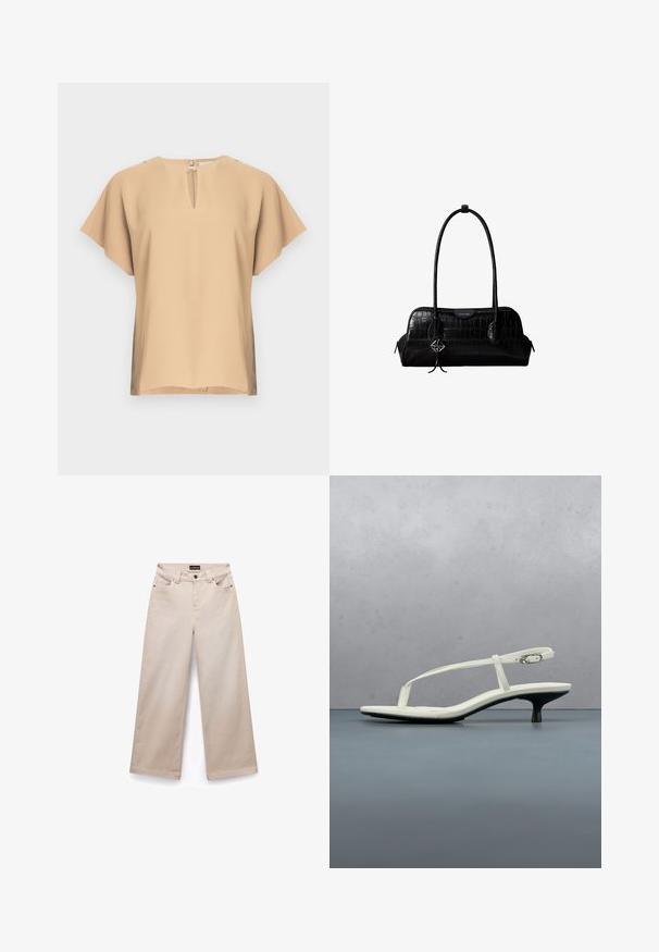 Blusa beige con escote en lágrima y mangas cortas y anchas. Tela lisa con un ajuste relajado y dobladillo recto. Diseño minimalista.; Pantalones de pierna ancha beige, hechos de algodón con una textura suave. Cuenta con cinco bolsillos, pasadores para cinturón y herrajes en tono plateado en la parte frontal.; Sandalia blanca de tacón kitten con tiras y punta afilada, flotando sobre un suelo de baldosas de madera al aire libre, con un fondo desenfocado de plantas y pared.; Bolso de hombro negro de cuero con textura de cocodrilo, con correas largas y un pequeño colgante de logo plateado en una correa.