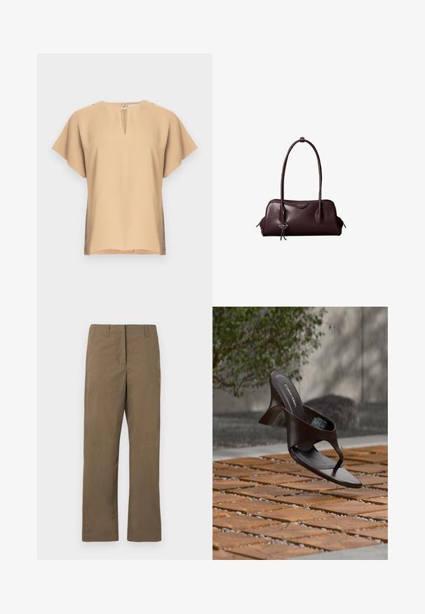 Blusa beige con escote en lágrima y mangas cortas y anchas. Tela lisa con un ajuste relajado y dobladillo recto. Diseño minimalista.; Pantalones rectos marrones hechos de una mezcla de algodón. Cuentan con passantes para cinturón, un bolsillo frontal y una textura suave sin patrones.; Sandalia de tiras con tacón marrón de Calvin Klein suspendida sobre suelo exterior de loseta de madera y grava, con fondo desenfocado de vegetación y piedras.; Bolso de mano de cuero marrón oscuro Calvin Klein con asas dobles largas y un pequeño colgante con el logotipo colgando de una de las asas.