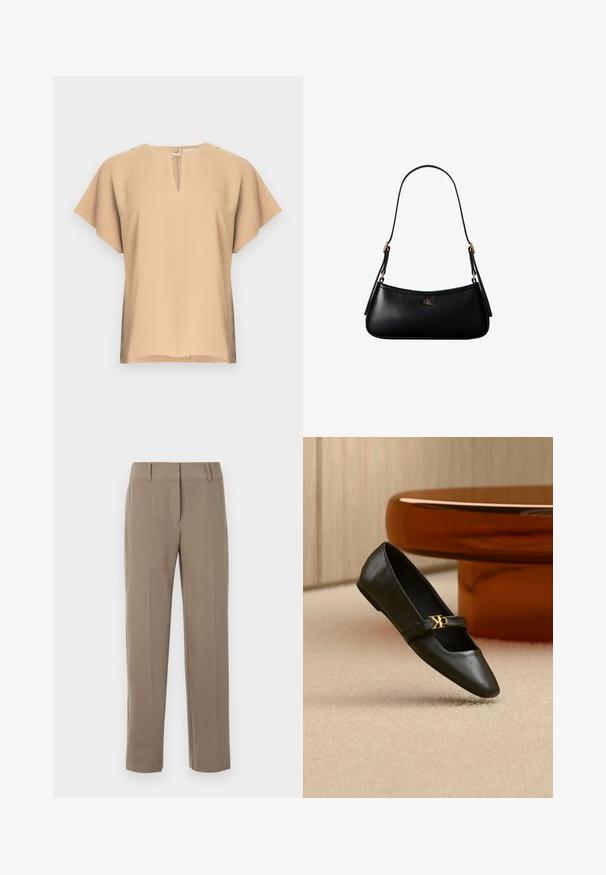 Blusa beige con escote en lágrima y mangas cortas y anchas. Tela lisa con un ajuste relajado y dobladillo recto. Diseño minimalista.; Pantalones caqui de pierna recta con trabillas para cinturón y cierre frontal de cremallera sobre fondo blanco.; Zapato plano de cuero negro con puntera puntiaguda y logo dorado de CK en la correa, colocado sobre una alfombra beige cerca de una mesa redonda marrón ámbar.; Mini bolso negro de cuero para hombro con correa delgada y pequeño logo dorado CK en el centro frontal.