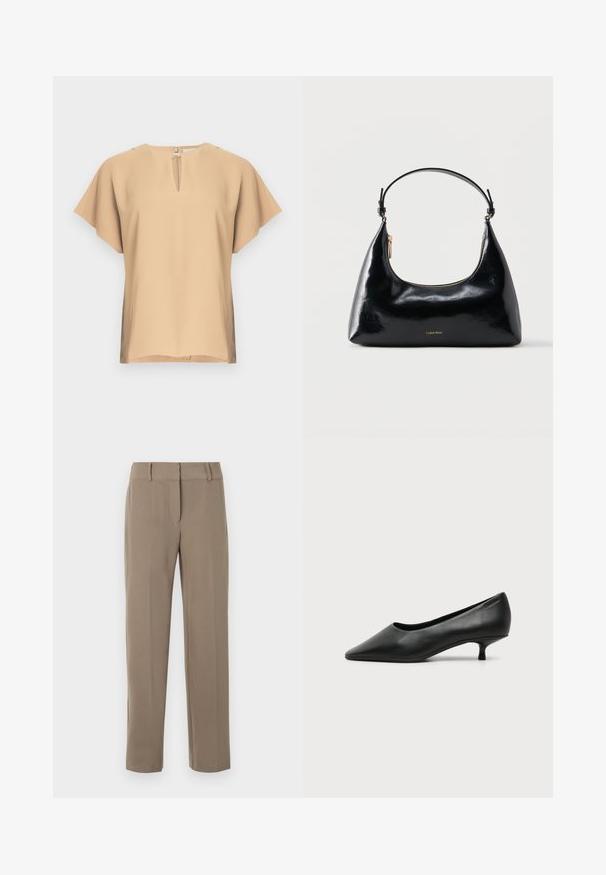 Blusa beige con escote en lágrima y mangas cortas y anchas. Tela lisa con un ajuste relajado y dobladillo recto. Diseño minimalista.; Pantalones caqui de pierna recta con trabillas para cinturón y cierre frontal de cremallera sobre fondo blanco.; Zapato de mujer negro de cuero con tacón bajo, puntera puntiaguda y pequeño tacón kitten sobre fondo claro liso.; Bolso negro brillante de Calvin Klein con cremallera dorada y correa corta sobre un fondo blanco liso.