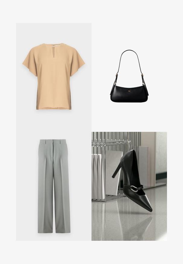 Beige blouse met een keyhole-halslijn en korte, brede mouwen. Glad stof met een ontspannen pasvorm en rechte zoom. Minimalistisch ontwerp.; Lichtgrijze wijde trousers van soepel materiaal, met een hoge taille, geplooide voorkant en twee achterzakken met riemlussen.; Zwarte puntige hoge hak met een zilveren gesp, geplaatst op een reflecterend oppervlak naast een metalen bestandhouder met papieren.; Zwarte leren mini schoudertas met een dun riempje en klein goudkleurig CK-logo aan de voorkant in het midden.