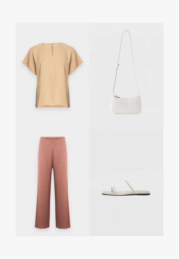Blouse beige avec un col en forme de goutte et des manches courtes et larges. Tissu lisse avec une coupe décontractée et un ourlet droit. Design minimaliste.; Pantalon en maille côtelée à jambes larges couleur rose poudré avec une taille élastique et de fines rayures verticales, présenté sur un fond uni.; Sandales plates au design minimal en gris clair. Elles présentent deux fines brides et une semelle plate avec un léger accent noir au talon.; Sac à épaule en cuir couleur crème avec sangle réglable et logo "cK" embossé à l'avant, fermeture éclair.