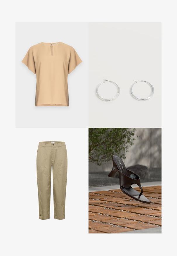 Beige bluse med nøglehul-halsudskæring og korte, brede ærmer. Glat stof med afslappet pasform og lige kant. Minimalistisk design.; Beige, lette bukser med lige pasform, der har sidelommer og knapdetaljer i kanten for justerbar pasform og stil.; Brun Calvin Klein hælet thong sandal svævende over træflise og grus udendørs med sløret grønt og stenmur i baggrunden.; Sølvfarvede metaloorringe med glat, let buet overflade og låsemekanisme på en ensfarvet hvid baggrund.
