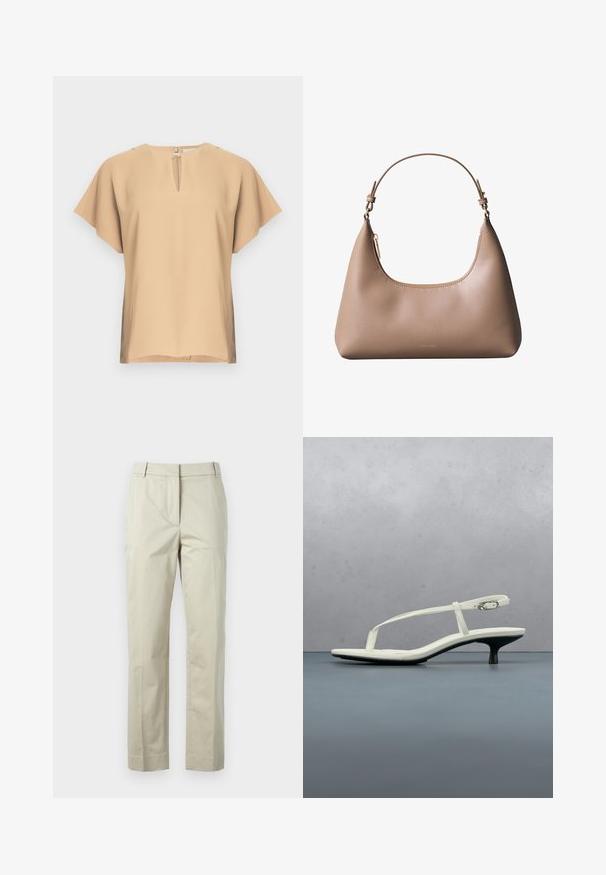 Beige bluse med nøglehul-halsudskæring og korte, brede ærmer. Glat stof med afslappet pasform og lige kant. Minimalistisk design.; Beige bomuldsbukser med lige ben, central fold og bæltestropper. Har to sidelommer og en ren, skræddersyet finish.; Hvid sandal med stropper og kitten-hæl med spids tå, svævende over et trægulv udendørs med en sløret plante og væg i baggrunden.; Beige skuldertaske i læder med kort håndtag, buet toplynlås og minimalistisk Calvin Klein-logo foran.