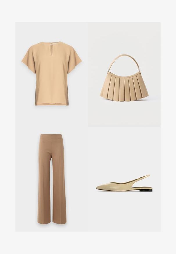 Blusa beige con escote en lágrima y mangas cortas y anchas. Tela lisa con un ajuste relajado y dobladillo recto. Diseño minimalista.; Pantalones de pierna ancha en un marrón claro, de tejido elástico con una textura suave y una cinturilla alta y elástica. Sin cierre visible ni bolsillos.; Zapato plano beige con puntera puntiaguda, diseño slingback, tacón bajo negro y acabado en cuero liso, mostrado de perfil sobre un fondo liso.; Bolso beige plisado con cremallera superior curva y asa arqueada única, exhibido sobre un fondo blanco.