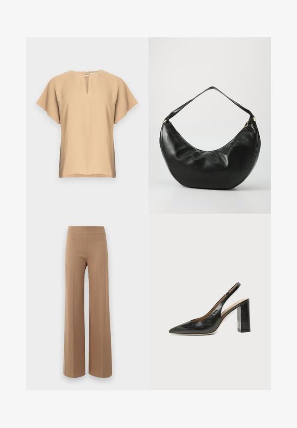 Blusa beige con escote en lágrima y mangas cortas y anchas. Tela lisa con un ajuste relajado y dobladillo recto. Diseño minimalista.; Pantalones de pierna ancha en un marrón claro, de tejido elástico con una textura suave y una cinturilla alta y elástica. Sin cierre visible ni bolsillos.; Zapato slingback de piel negra con puntera puntiaguda, tacón alto y ancho, y forro interior beige sobre un fondo claro y liso.; Bolso de hombro de cuero negro con una forma curva, textura suave y una sola correa; cuenta con un zipper dorado y un branding sutil.