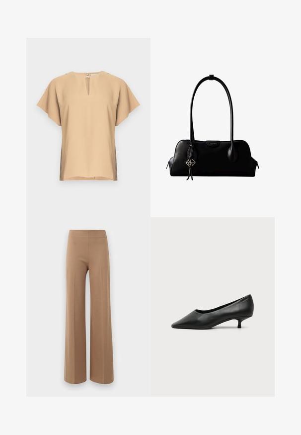 Beige bluse med nøglehul-halsudskæring og korte, brede ærmer. Glat stof med afslappet pasform og lige kant. Minimalistisk design.; Løse bukser i lys brun, strækbart stof med en glat tekstur og et højt, elastisk taljebånd. Ingen synlige lukninger eller lommer.; Sort lavhælet damesko i læder med spids tå og lille kitten heel på ensfarvet lys baggrund.; Sort lædertaske fra Calvin Klein med lange håndtag, en forside-logo-tag og en sølv geometrisk vedhæng, der hænger fra det ene håndtag.