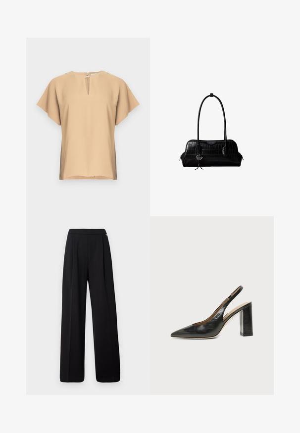 Beige bluse med nøglehul-halsudskæring og korte, brede ærmer. Glat stof med afslappet pasform og lige kant. Minimalistisk design.; Sorte bukser med høj talje og vide ben, der har forreste sømme og en glat taljebånd, vist mod en hvid baggrund.; Sort læder peep-toe slingback sko med høj blokhæl og beige indvendig foring mod en ensfarvet lys baggrund.; Sort skuldertaske i krokodillelæder med lange stropper og lille sølvlogo-charm på den ene strop.