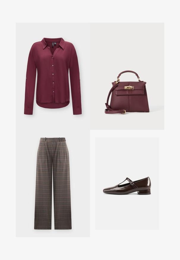 Blouse bordeaux à manches longues, boutonnée, avec col, manches à poignets et ourlet arrondi sur fond clair uni.; Pantalons à carreaux au design ample, présentant des plis, une taille haute, et un mélange de couleurs marron, noir et bleu clair.; Chaussures Mary Jane en cuir verni marron avec un bout arrondi, un design ajouré et une bride réglable. Talon bas bloc.; Sac à main en cuir bordeaux avec une forme structurée, une bandoulière amovible, une poignée supérieure, des détails en doré et une fermeture à clasp à l'avant.