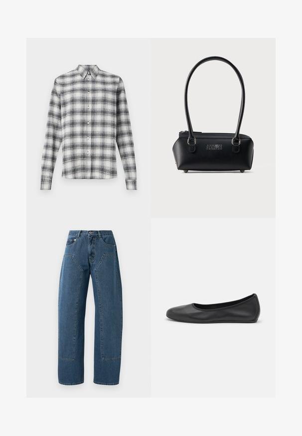 Knapp-up skjorte i sort og hvidt ternet mønster, lavet af blødt stof, med krave og lange ærmer med knaplukning.; Blå denim jeans med brede ben, store frontlomme, knaplukning og bæltestropper.; Sort læderballetsko med rund tå, glat tekstur, minimal syning og et fleksibelt såldesign.; Sort rektangulær læderhåndtaske med dobbelte afrundede håndtag, lynlås i toppen og hvidt numerisk logo placeret midt på fronten.
