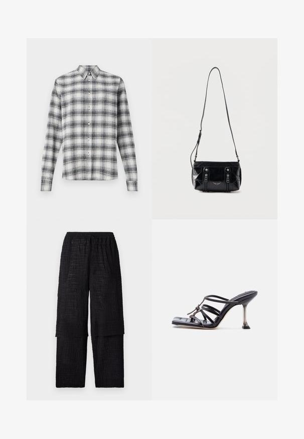 Mustreeritud must-valge särk, valmistatud pehmest kangast, krae ja pikkade varrukatega, millel on nööpkinnitus.; Henrik Vibskov SHANTS PANTS - Püksid - black; Mustad kõrgete kontsadega sandaal ruudukujulise varbaosaga ja õhukese kontsaga, millel on kattuvad rihmad ja sõlmitud detail peal.; Must nahast õlakott reguleeritava rihmaga, kahe vertikaalse esilukuga ja väikese metallist tiivaloomingu embleemiga lukukeste all.