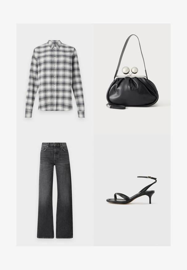 Hemd mit Knopfverschluss im Schwarz-Weiß-Karomuster, aus weichem Stoff, mit Kragen und langen Ärmeln.; Schwarze Denim-Jeans mit hoher Taille und weitem Bein. Verfügt über fünf Taschen und eine subtile verbleichte Textur mit kontrastierenden Nähten.; Schwarze Ledersandale für Damen mit dünnen Riemchen, einer Zehenlasche, einer Knöchelschnalle und einem mittelhohen Stöckelabsatz vor neutralem Hintergrund.; Schwarze Ledertasche mit gerafftem Design, einem einzelnen Riemen, silbernem Metallrahmen und zwei großen runden silbernen Verschlüssen.