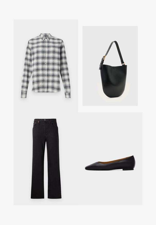 Chemise à boutons à motif écossais noir et blanc, fabriquée en tissu doux, avec un col et des manches longues à fermeture à boutons.; Jean en denim noir taille haute avec une jambe évasée, présentant des coutures visibles, un design à cinq poches et des accents en métal cuivré.; Chaussure plate en cuir noir à bout pointu avec talon bas et finition lisse, vue de côté sur un fond gris clair.; Sac seau en cuir noir avec bandoulière réglable et boucle dorée sur un fond uni gris clair.