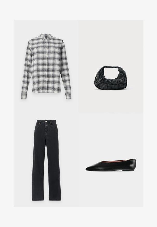 Hemd mit Knopfverschluss im Schwarz-Weiß-Karomuster, aus weichem Stoff, mit Kragen und langen Ärmeln.; Schwarze Jeans aus Denim mit hoher Taille, geradem Schnitt, fünf Taschen, sichtbarer Naht und Metallknopfverschluss.; Schwarzer flacher Damenleder-Schuh mit spitzer Kappe und niedrigem Absatz, von der Seite auf einfarbigem hellgrauem Hintergrund gezeigt.; Schwarze gewebte Hobo-Tasche mit weicher Struktur und integriertem Griff, dargestellt vor einem schlichten hellen Hintergrund.