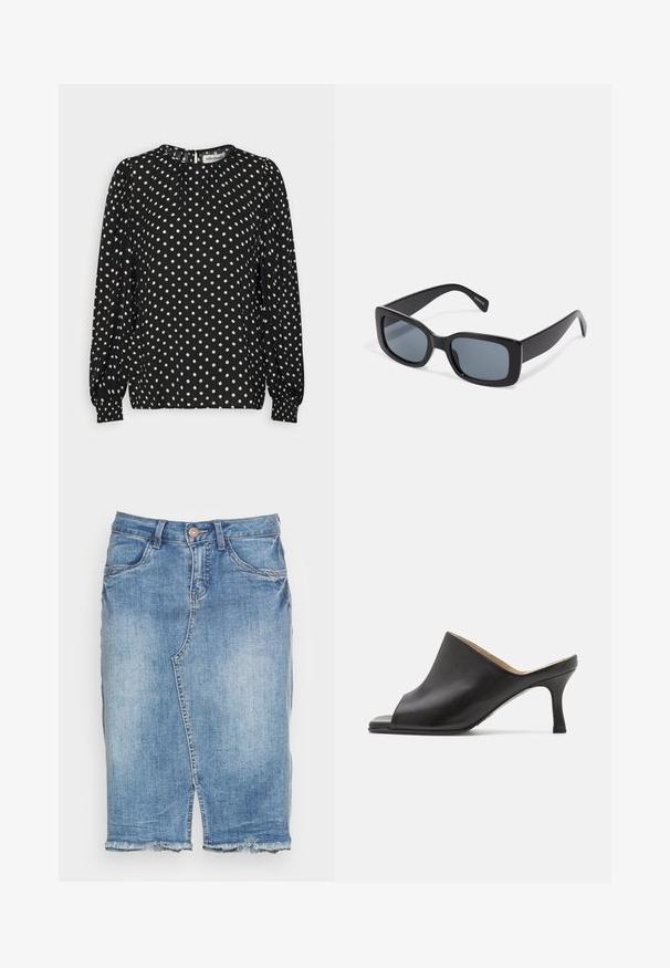 Lollys Laundry MONICA BLOUSE - Bluse - black; Hellblauer Jeansrock mit Frontschlitz, ausgefranstem Saum, Gürtelschlaufen, Knopfverschluss und Fronttaschen.; Selected ASHLEY - Pantolette hoch - black; Schwarze rechteckige Sonnenbrille mit dunkel getönten Gläsern, dickem Kunstrahmen und breiten Bügeln. Glatte Oberfläche und kantiges Design.