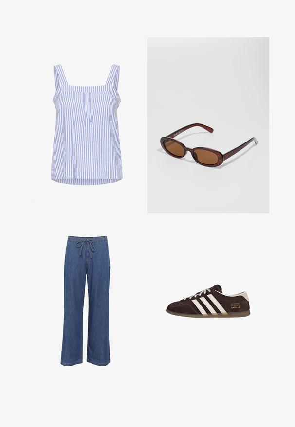 Gestreept lichtblauw en wit mouwloos top met een ontspannen pasvorm, featuring brede bandjes, een gerimpelde halslijn, en voorplooien.; Denim wijde pijpen broek met een trekkoord in de taille, in een middelblauwe kleur, rechte snit en subtiele stikseldetails.; Bruine suède sneakers met drie witte strepen, rubberen zool en een tekstlabel met de tekst "Gazelle" in goud. Vetersluiting met grijze veters.; Ronde, bruin getinte zonnebril met een glanzend bordeauxrood frame. Slanke pootjes met subtiele merkdetails. Vlakke lensontwerp.