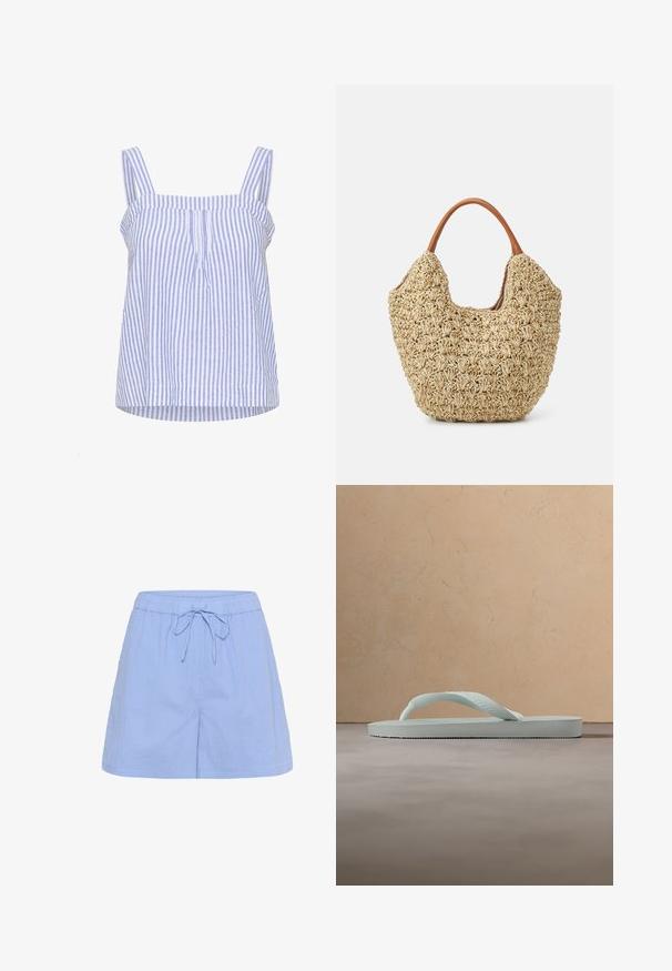 Top sans manches rayé bleu clair et blanc avec une coupe décontractée, comportant de larges bretelles, un col volanté et des plissés à l'avant.; Shorts décontractés bleu clair avec taille élastique et cordon de serrage, avec une coupe confortable et une texture verticale subtile.; Tongue en caoutchouc beige clair unique avec semelle texturée et bride en forme de Y sur un fond gris uni.; Sac fourre-tout en paille tissée avec une texture naturelle et une forme douce et organique, doté de poignées en cuir brun pour un transport facile.