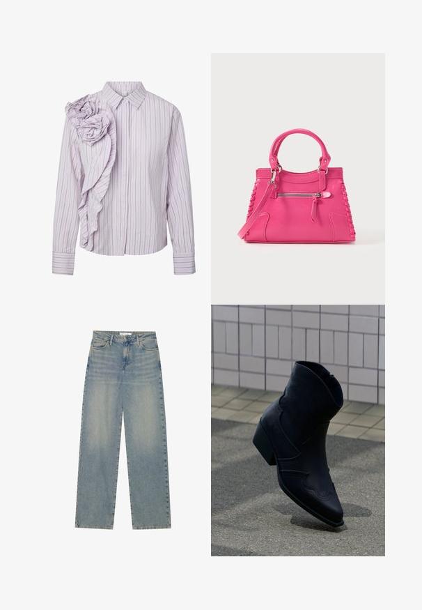 Lyse lilla langærmet bluse med striber, klassisk krave og flæsedetalje i stof formet som roser på venstre skulder.; Lyseblå højtaljede lige ben jeans i denim med forlommer, bæltestropper og synlig knap- og lynlåslukning.; Sort læderankelstøvle med lav hæl, dekorative syninger og spids tå, placeret opret på en brolagt overflade ved siden af en flisebelagt væg.; Rosa læderhåndtaske med dobbelte håndtag, dekorativ sidesnøring og en lynlåslomme foran. Glat tekstur, struktureret form.