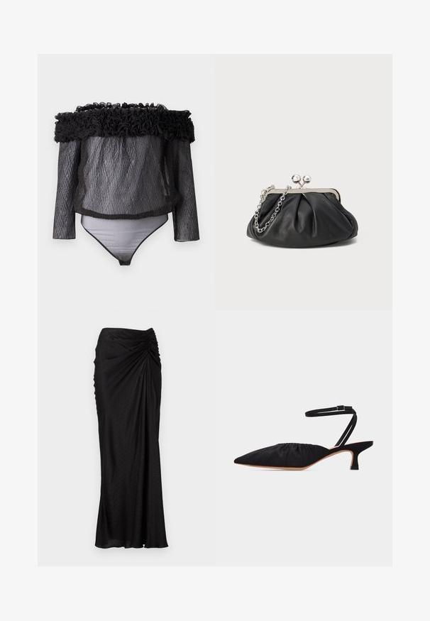 Hofmann Copenhagen EXCLUSIVE - Bluse - black; Sort midi-skarp lavet af glat stof med en draperet design, teksturerede prikker og sammenfoldning ved taljen.; Sort spids tå sko med lav hæl, rynket overdel og tynd ankelrem med spænde, vist i sideprofil på hvid baggrund.; Sort læder clutch med samlet tekstur, sølvfarvet metalramme, kys-lås lukning og kædestrop. Glat, blød overflade.