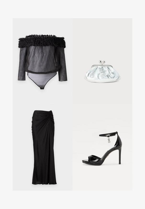 Hofmann Copenhagen EXCLUSIVE - Blouse - black; Zwarte midi rok van soepel materiaal met een gedrapeerd ontwerp, gestructureerde stippen en gerimpelde details bij de taille.; Zwarte lakleren hoge hakken sandalen met een open teen, enkelbandje en een zilveren charmeaccent. Beschikt over een slank, modern ontwerp.; Kleine zilverkleurige metalen clutch met een afgerond, geplooid ontwerp en een sluiting met twee zilveren bollen.