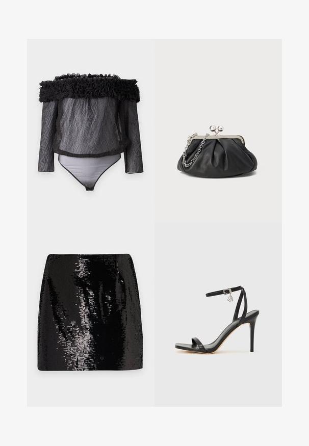 Hofmann Copenhagen EXCLUSIVE - Blouse - black; Jupe mini en sequins noirs avec un design ajusté, taille haute et texture brillante, présentant des détails de surface réfléchissante et une silhouette épurée.; Sandale à talon haut noire avec une bride étroite à la cheville, bout carré, cuir lisse et accent de boucle métallique.; Porte-monnaie en cuir noir avec texture froncée, cadre en métal argenté, fermeture à verrouillage kiss-lock et bandoulière en chaîne. Surface lisse et douce.