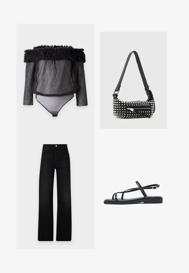 Hofmann Copenhagen EXCLUSIVE - Bluse - black; Sorte brede ben jeans lavet af denim. Har en høj talje, to forlommer og metalknaplukning. Struktureret overflade med minimal blege.; Sort flad sandal med tynde remme, der krydser foden, og en anklerem med en lille guldbøjle på hvid baggrund.; Sort læderhåndtaske med sølvfarvede pyramidespidser, lynlås lukning, justerbar rem og en struktureret overflade. Kompakt og rektangulær form.