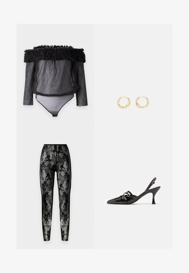 Hofmann Copenhagen EXCLUSIVE - Bluse - black; Sorte blonde leggings med blomstermønster, gennemsigtigt stof og en tæt pasform, med en glat talje og lukkede sømme.; ALOHAS JOELLE ONIX - Pumps - black; Guld hoops øreringe med en tekstureret, ujævn overflade. Har et let design og cirkulær form, egnet til hverdagsbrug.
