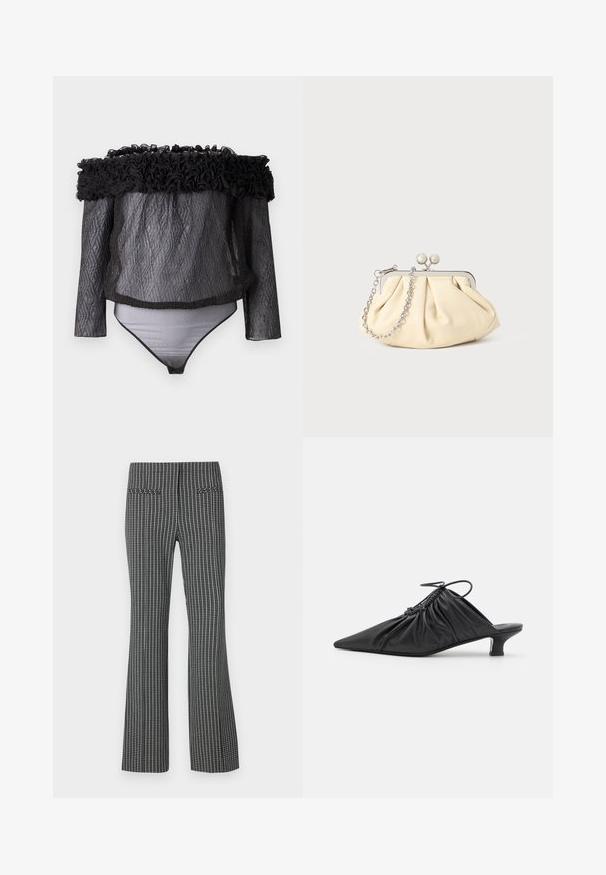 Hofmann Copenhagen EXCLUSIVE - Blouse - black; Zwart-witte geblokte broeken, met een uitlopende pijpdesign, voorzien van twee achterzakken en een gestructureerde stof met een zichtbaar ruitpatroon.; Zwarte leren instappers met een spitse neus, gegatherde textuur en een kleine kittenhiel. Heeft een trekkoorddetail aan de opening.; Geplooide beige leren clutch met een zilveren metalen frame, voorzien van twee ronde decoratieve sluitingen en een zilveren kettingriem.