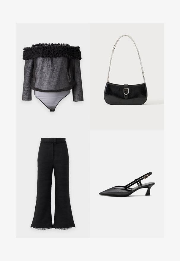 Hofmann Copenhagen EXCLUSIVE - Bluse - black; Sorte vide benbukser i tekstureret stof, med frynset kant og elastisk talje. Designet har en glat overflade og en afslappet pasform.; Sort spids tå slingback-sko med mesh-øverdel, tynde stropper, guldlås og lav buet hæl på hvid baggrund.; Sort skuldertaske i laklæder med sølv spænde og sølv kæderem, vist mod en ensartet lys baggrund.
