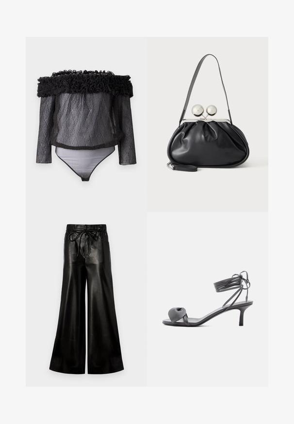Hofmann Copenhagen EXCLUSIVE - Blouse - black; Zwarte leren wijde broek met een verstelbare taille. Glad textuur, hoge taille, losse pasvorm, voorzien van zijzakken en een knoopsluiting.; Grijze leren sandaal met hak, voorzien van een geknoopte band bij de tenen en wikkellinten rond de enkel op een slanke sandaal met een middenhoge hak, tegen een witte achtergrond.; Zwarte leren handtas met een geplooid ontwerp, een enkele schouderband, zilverkleurige metalen omlijsting en twee grote ronde zilveren sluitingen.