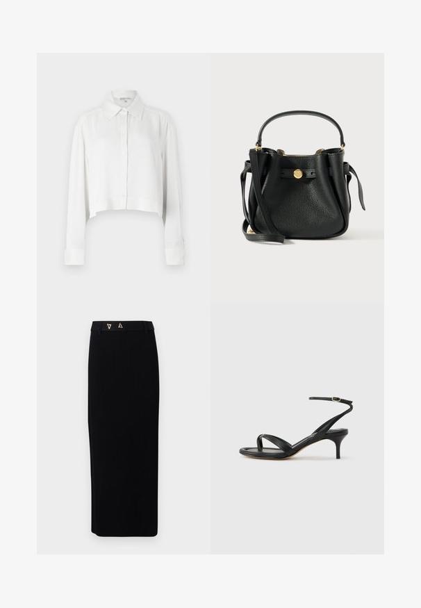 Witte cropped shirt met lange mouwen, knoopsluiting aan de voorkant en klassieke kraag. Glad stof met gestructureerde manchetten en minimalistisch ontwerp.; AERON FORUM - Kokerrok - black; Zwarte leren dames sandaal met dunne bandjes, een teengreep, een enkelgesp en een stilettohak van gemiddelde hoogte op een neutrale achtergrond.; Zwarte gestructureerde leren handtas met een kort handvat, een lange schouderband en een ronde sluiting met gouden toonlogo aan de voorkant.